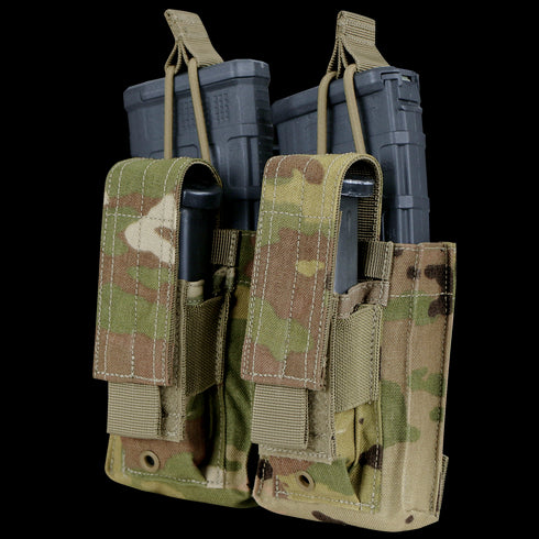 The Condor Double Kangaroo Mag Pouch Gen II in Scorpion OCP holds two magazines, secured with Velcro flaps and straps, making it ideal for tactical or military use.